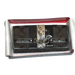 Coach Hampton Python Stripe Signature Wallet Brown Jacquard Leather Y2K Box